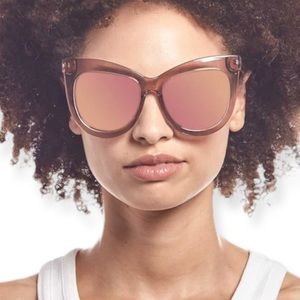 LE SPECS Hidden Treasure Sunglasses Rosewater Tan Crystal Frame Rose Mirror Lens